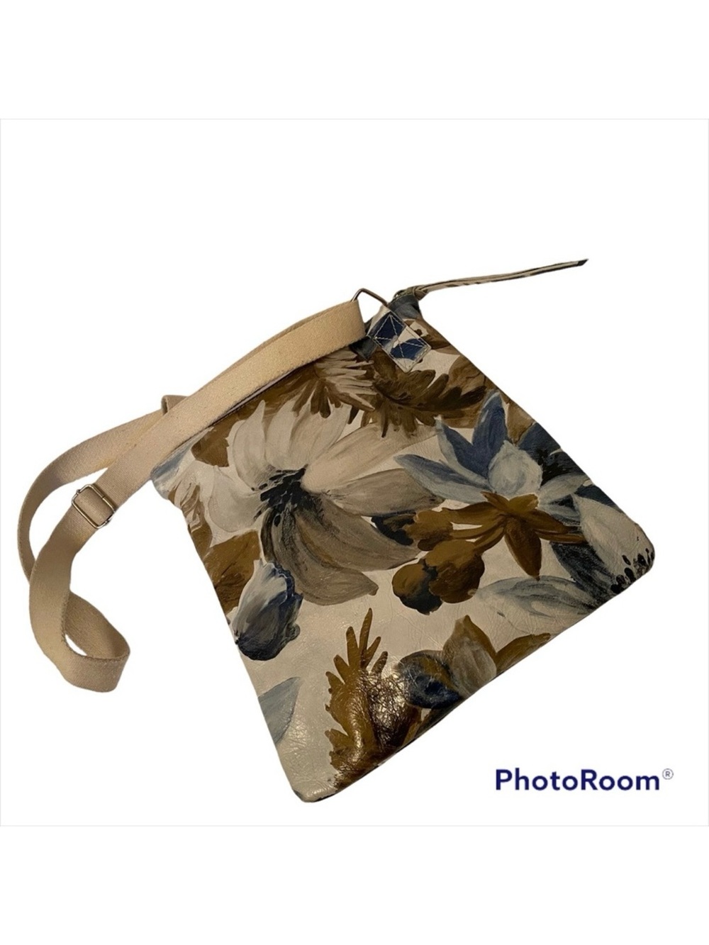 MAURIZIO TAIUTI BAG CROSSBODY GRAY BLUE TAN FLORAL LEATHER CANVAS FABRIC STRAP